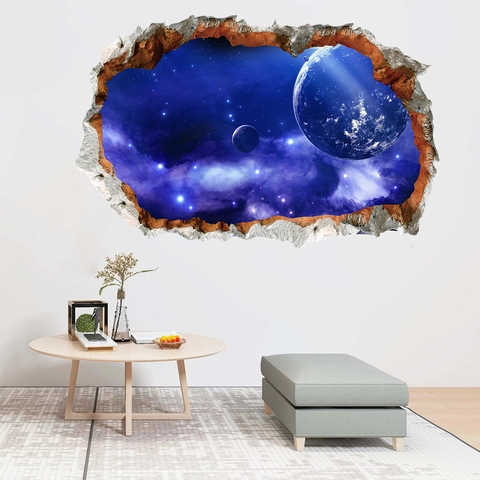 3D Gebroken Muur Ruimte Planeet Muursticker Waterdicht PVC Melkweg Sterrenhemel Decal Voor Woonkamer Slaapkamer Sieraden