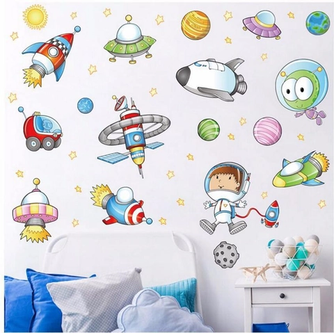 Cartoon Astronaut Rocket Space Wall Decal For Kids Room Nursery Decor PVC Removable Planet UFO Stars Home Wall Sticker