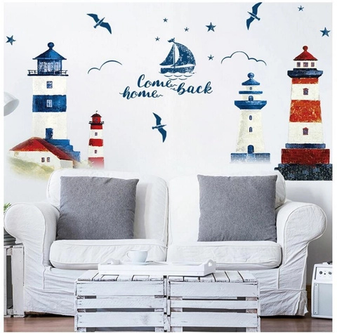 Pegatina de Pared de PVC de Faro y Velero Mediterráneo Calcomanías de Pared Temáticas Náuticas para Sala de Estar Dormitorio