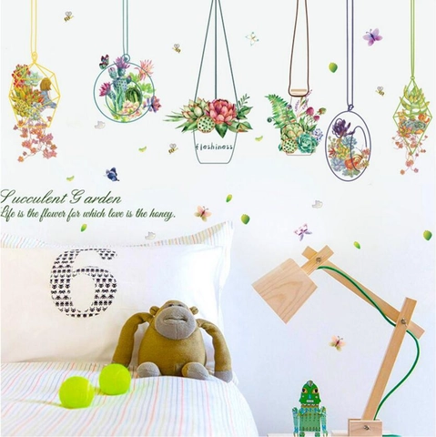 Cartoon Sukkulenten Blumenkorb Abnehmbare Wandtattoo PVC Wasserdicht Handgemalte Pflanzen Kunst Aufkleber Für Haus Dekor