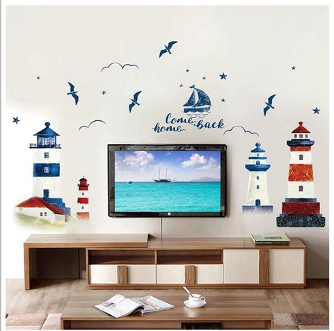 Pegatina de Pared de PVC de Faro y Velero Mediterráneo Calcomanías de Pared Temáticas Náuticas para Sala de Estar Dormitorio