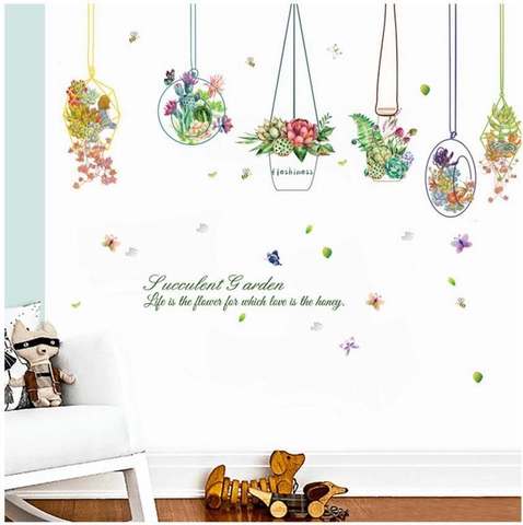 Cartoon Sukkulenten Blumenkorb Abnehmbare Wandtattoo PVC Wasserdicht Handgemalte Pflanzen Kunst Aufkleber Für Haus Dekor