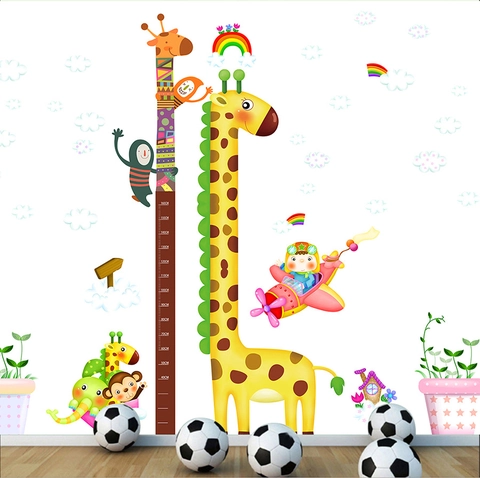Adesivo da Parete Tabella di Crescita Cartoon Giraffa Elefante Scimmia Impermeabile in PVC per Camera dei Bambini Asilo Decorazione