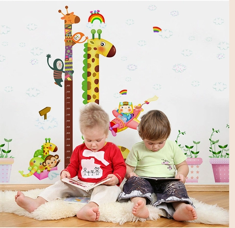 Adesivo da Parete Tabella di Crescita Cartoon Giraffa Elefante Scimmia Impermeabile in PVC per Camera dei Bambini Asilo Decorazione