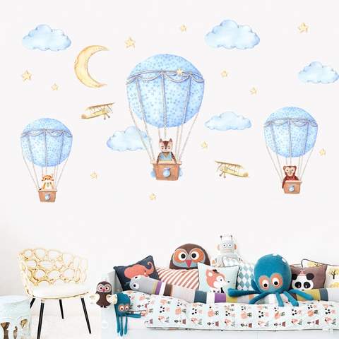 Pegatinas de Pared de Animales en Globo Aerostático de Dibujos Animados Acuarela Calcomanías de PVC para Habitación de Niños