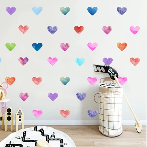 Pegatinas de Pared de Corazón de Acuarela PVC Impermeable Estilo Nórdico Coloridas Calcomanías Decorativas para Sala
