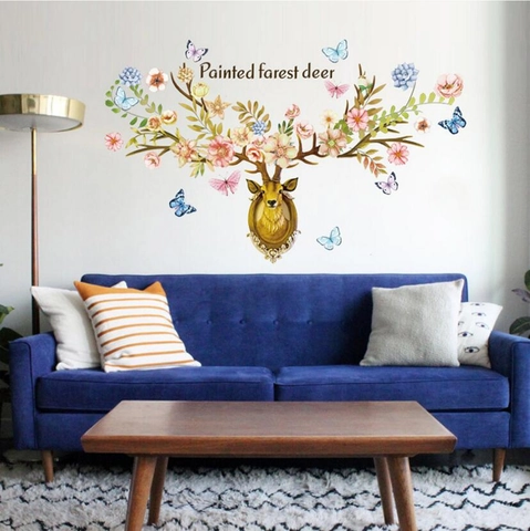 Adesivo da Parete a Forma di Testa di Cervo con Corna Floreali in Stile Nordico Dipinto a Mano Impermeabile in PVC per Soggiorno
