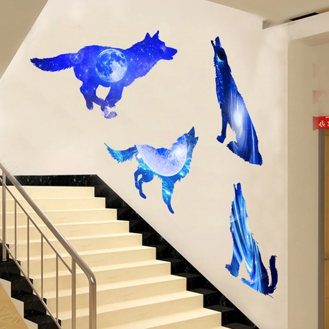 3D Traumhaft Sternenhimmel Wolf Wandaufkleber PVC Wasserdicht Blau Galaxie Mond Wolf Silhouette Wandtattoo Für Kinderzimmer