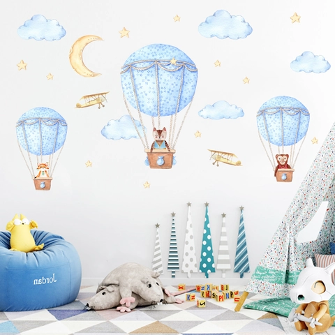 Pegatinas de Pared de Animales en Globo Aerostático de Dibujos Animados Acuarela Calcomanías de PVC para Habitación de Niños