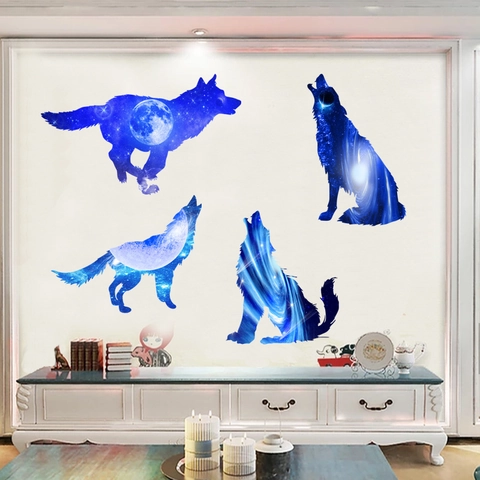 3D Traumhaft Sternenhimmel Wolf Wandaufkleber PVC Wasserdicht Blau Galaxie Mond Wolf Silhouette Wandtattoo Für Kinderzimmer