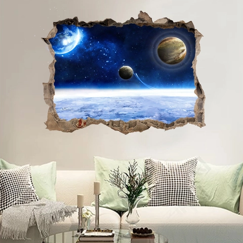 Adesivo da Parete PVC Effetto 3D Muro Rotto Universo Spazio Pianeti Impermeabile Decorazione Casa per Soggiorno Camera Bambini
