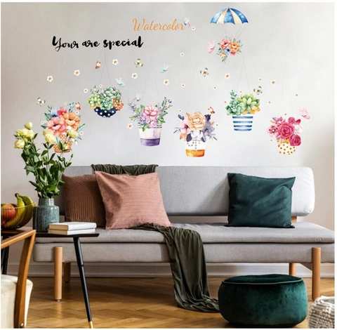 Adesivi Murali Piante in Vaso Acquerello Succulente PVC Rimovibili Decalcomanie Parete Botaniche Floreali per Casa Soggiorno