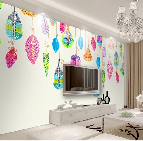 Aquarell Bunte Feder Wandtattoo Nordisch Handgemalte Ölgemälde PVC Wasserdicht Abnehmbare Kunst Wandbild Für Wohnzimmer Dekor