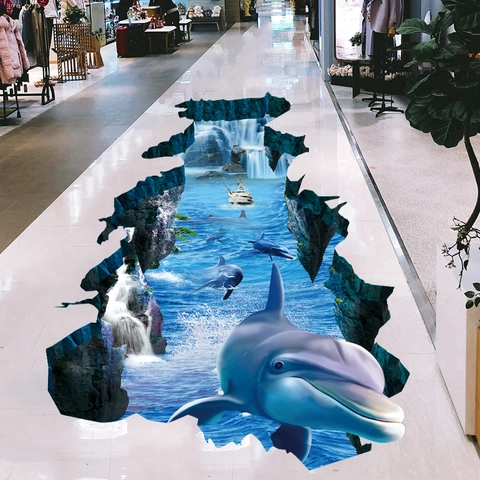 3D Delfin Ozean Gebrochene Wand Bodenaufkleber Wasserdicht PVC Abnehmbar Wandbild Für Wohnzimmer Schlafzimmer Badezimmer Haus Dekoration