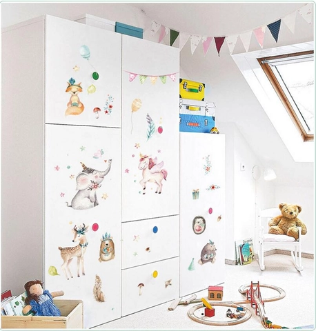 Aquarell Einhorn Tier Wandsticker Für Kinderzimmer Babyzimmer Deko PVC Wasserdicht Abnehmbar Wald Fuchs Elefant Hirsch Sterne Wandtattoo