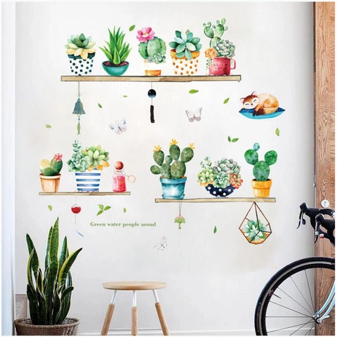 Adesivi Murali Piante Grasse Cactus Stile Nordico Per Soggiorno Camera Da Letto Armadio Autoadesivi Acquerello Volpe Farfalla Decalcomanie Murali Decorative