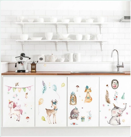 Aquarell Einhorn Tier Wandsticker Für Kinderzimmer Babyzimmer Deko PVC Wasserdicht Abnehmbar Wald Fuchs Elefant Hirsch Sterne Wandtattoo