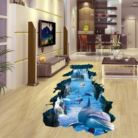 3D Delfin Ozean Gebrochene Wand Bodenaufkleber Wasserdicht PVC Abnehmbar Wandbild Für Wohnzimmer Schlafzimmer Badezimmer Haus Dekoration