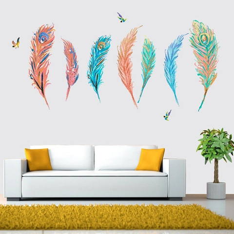 Modern Minimalistisch Mehrfarbig Aquarell Feder Wandaufkleber Wasserdicht PVC Wandbilder Für Wohnzimmer Schlafzimmer Home Dekor Kunst
