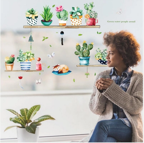 Adesivi Murali Piante Grasse Cactus Stile Nordico Per Soggiorno Camera Da Letto Armadio Autoadesivi Acquerello Volpe Farfalla Decalcomanie Murali Decorative