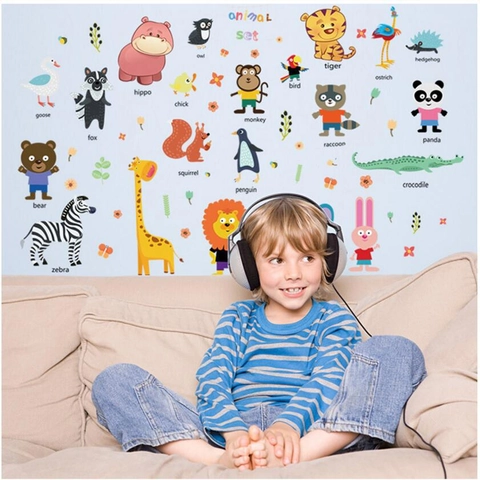 Adesivi Murali Alfabeto Animali Cartoni Animati Per Cameretta Bambini PVC Removibile DIY Carta Da Parati Educativi Casa Art