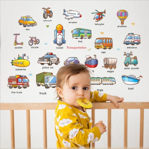 Adesivi Murali Cartoon Veicoli di Trasporto PVC Impermeabile Educativo Decalcomanie per Camera dei Bambini