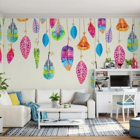 Aquarell Bunte Feder Wandtattoo Nordisch Handgemalte Ölgemälde PVC Wasserdicht Abnehmbare Kunst Wandbild Für Wohnzimmer Dekor