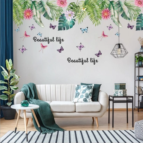 Moderni Adesivi Murali Con Foglie Verdi Tropicali Fiori E Farfalle In PVC Impermeabile Removibile Per La Decorazione Del Soggiorno