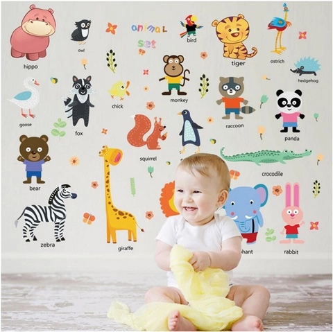Adesivi Murali Alfabeto Animali Cartoni Animati Per Cameretta Bambini PVC Removibile DIY Carta Da Parati Educativi Casa Art