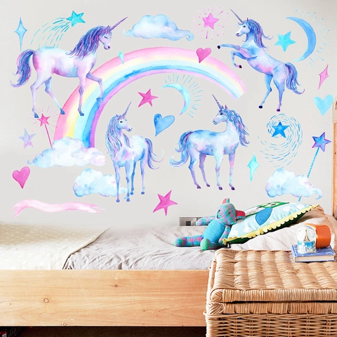Watercolor Unicorn Wall Stickers Rainbow Stars Clouds Heart Removable PVC Decals For Kids Room Nursery Bedroom Decor