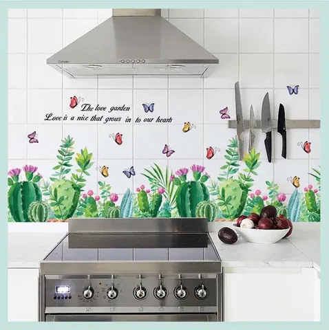 Sticker Mural Cactus et Succulentes Étanche PVC Papillon Plante Décor Pour Salon Chambre à Coucher Salle de Bain Cuisine