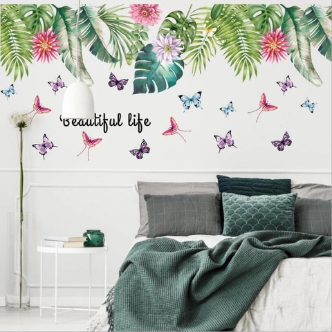 Moderni Adesivi Murali Con Foglie Verdi Tropicali Fiori E Farfalle In PVC Impermeabile Removibile Per La Decorazione Del Soggiorno