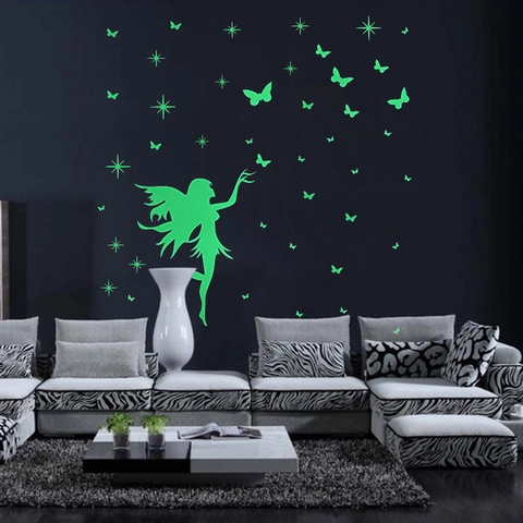 Leuchten Im Dunkeln Wandtattoo Fee Schmetterling Sterne Leuchtende PVC Wandaufkleber Für Kinderzimmer Schlafzimmer Wohnzimmer Deko
