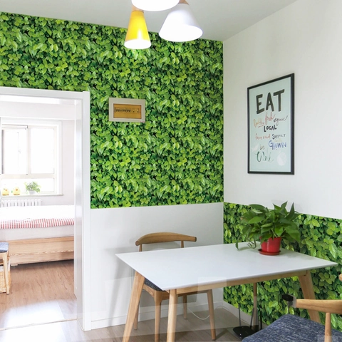 Green Leaf Print PVC Self Adhesive Wall Sticker Waterproof Removable 3D Visual Decorative Wallpaper For Home Living Room Bedroom