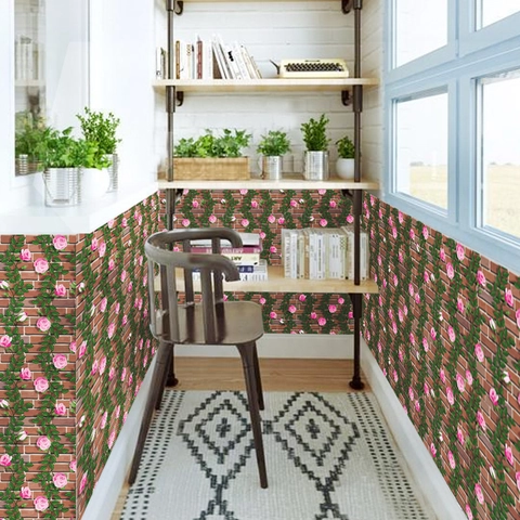 Adhesivo de Pared 3D con Patrón de Rosas y Ladrillos Rojos Autoadhesivo Impermeabile Papel Tapiz de PVC para Dormitorio Sala Dormitorio