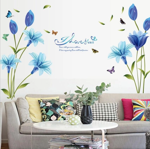 Blaue Lilie Blume Schmetterling Wandaufkleber I Love You Romantisch PVC Wasserdicht Abnehmbar Deko Für Wohnzimmer Schlafzimmer