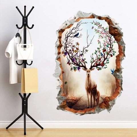 Sticker Mural 3D Mur Brisé Cerf PVC Imperméable Bois Floraux Animal de la Forêt Décalcomanie Amovible pour Chambre Déco