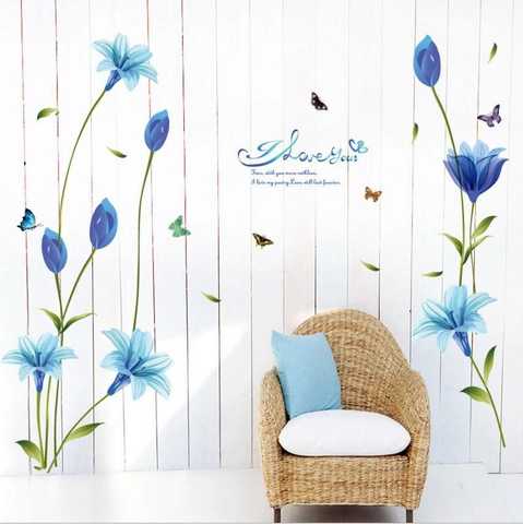 Blaue Lilie Blume Schmetterling Wandaufkleber I Love You Romantisch PVC Wasserdicht Abnehmbar Deko Für Wohnzimmer Schlafzimmer