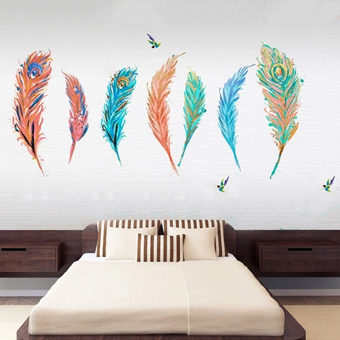 Modern Minimalistisch Mehrfarbig Aquarell Feder Wandaufkleber Wasserdicht PVC Wandbilder Für Wohnzimmer Schlafzimmer Home Dekor Kunst