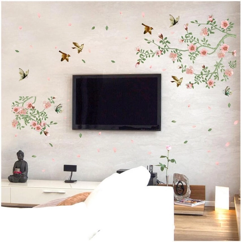 Adesivi Murali Ramo di Ciliegio Rosa Con Uccelli Farfalle Impermeabile PVC Decalcomania Decorativa per Soggiorno Camera da Letto