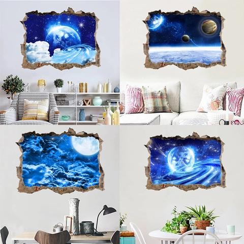 Adesivo da Parete PVC Effetto 3D Muro Rotto Universo Spazio Pianeti Impermeabile Decorazione Casa per Soggiorno Camera Bambini