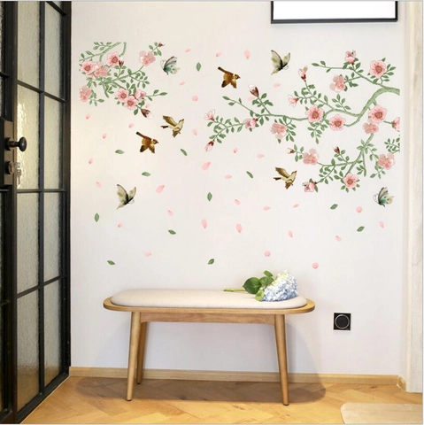 Adesivi Murali Ramo di Ciliegio Rosa Con Uccelli Farfalle Impermeabile PVC Decalcomania Decorativa per Soggiorno Camera da Letto
