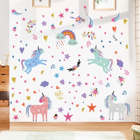 Cartoon Kleurrijke Eenhoorn Regenboog Muurstickers Voor Kinderkamer Slaapkamer DIY Waterdicht PVC Decoratief Muurstickers Kunst