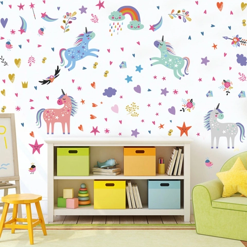 Cartoon Kleurrijke Eenhoorn Regenboog Muurstickers Voor Kinderkamer Slaapkamer DIY Waterdicht PVC Decoratief Muurstickers Kunst