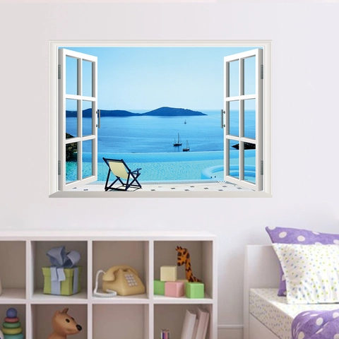 3D Falsches Fenster Meereslandschaft Wandaufkleber Abnehmbar PVC Ozean Strand Ansicht Dekor Für Wohnzimmer Schlafzimmer Hintergrund