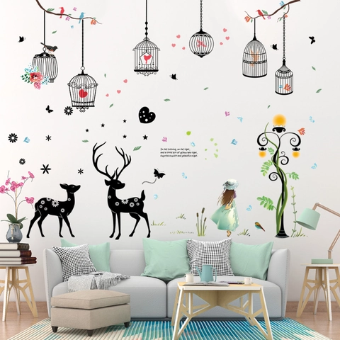 Adhesivo de Pared Moderno de PVC Calcomanía Removible DIY Niña Farola Jaula de Pájaros Ciervo para Sala de Estar Dormitorio Decoración