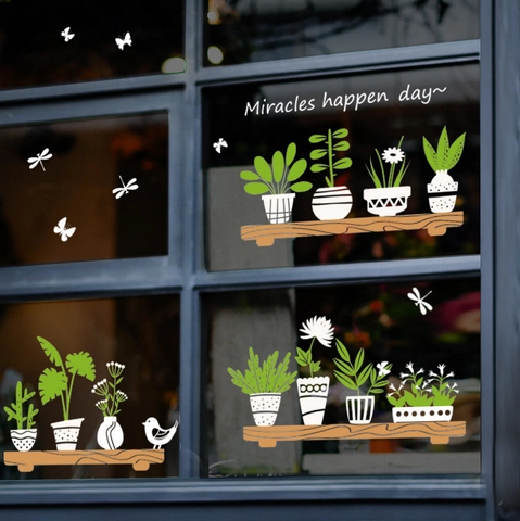 Groene Potplanten Muurstickers PVC Waterdicht Verwijderbaar Decals Voor Glazen Deur Koffieshop Miracles Happen Day