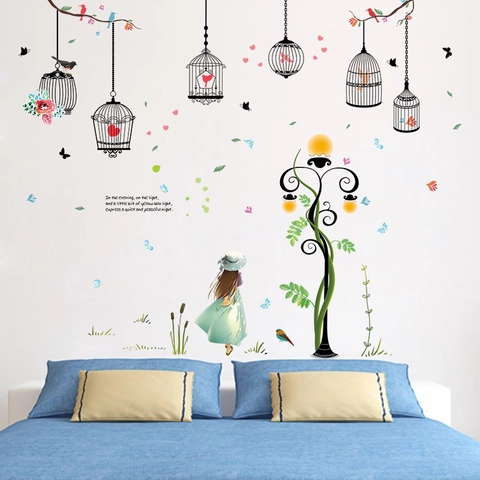 Adhesivo de Pared Moderno de PVC Calcomanía Removible DIY Niña Farola Jaula de Pájaros Ciervo para Sala de Estar Dormitorio Decoración