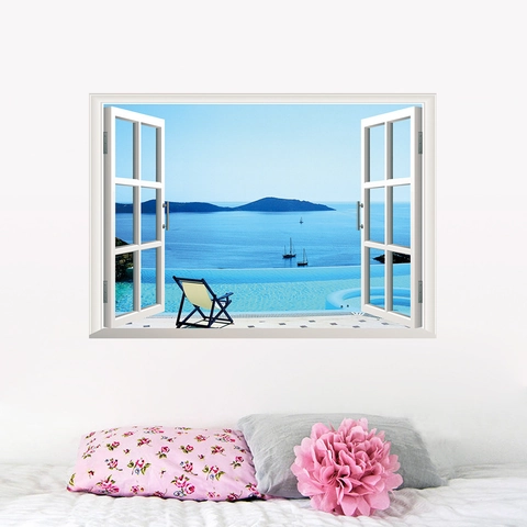 3D Falsches Fenster Meereslandschaft Wandaufkleber Abnehmbar PVC Ozean Strand Ansicht Dekor Für Wohnzimmer Schlafzimmer Hintergrund