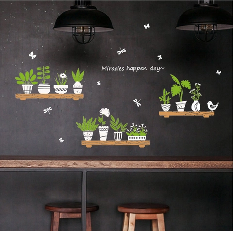 Groene Potplanten Muurstickers PVC Waterdicht Verwijderbaar Decals Voor Glazen Deur Koffieshop Miracles Happen Day